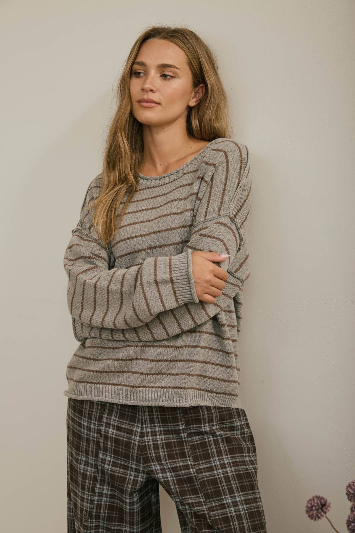 CREAM STRIPED DROP SHOULDER CREW NECK SWEATER