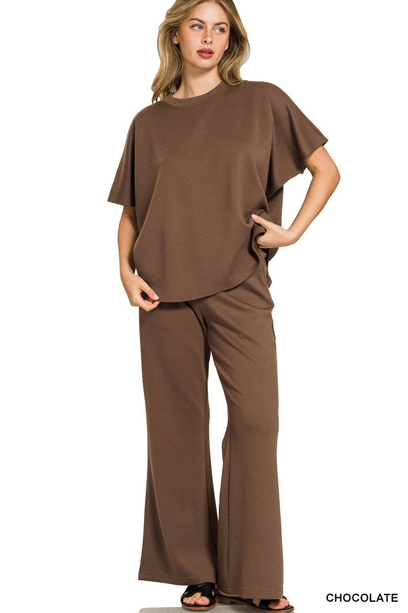 Scuba Curbed Hem Top & Pants Set - Zenana