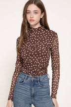 Long Sleeve High Neck Ruched Dot Print Mesh Top