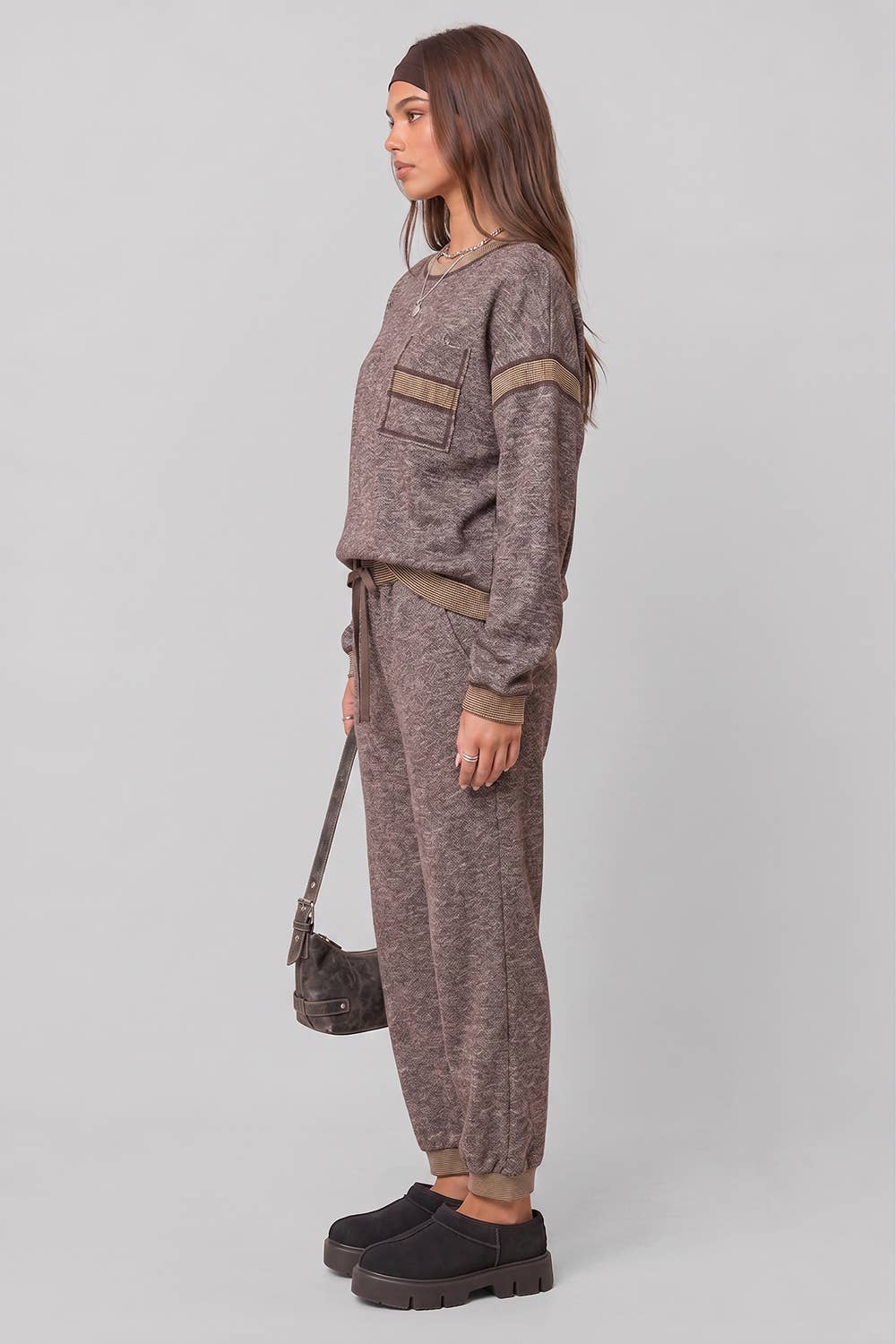 NT12845SET-Contrast Rib Trim Heathered Knit Lounge Set