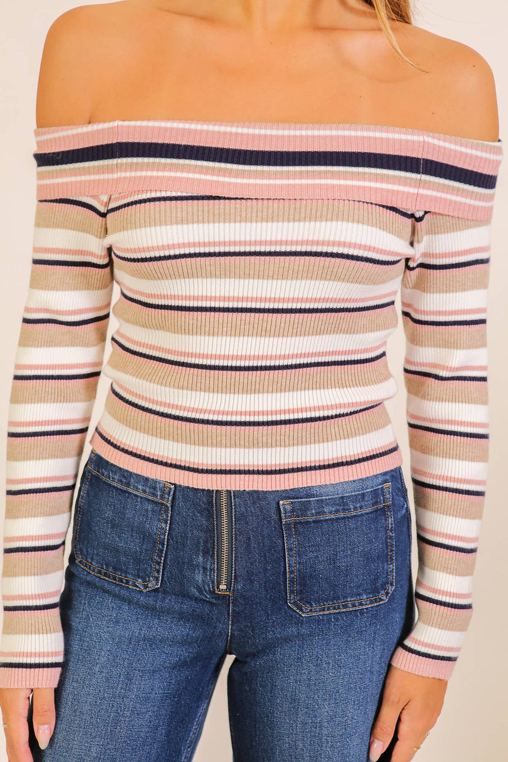 Striped Foldover Off-Shoulder Sweater Top
