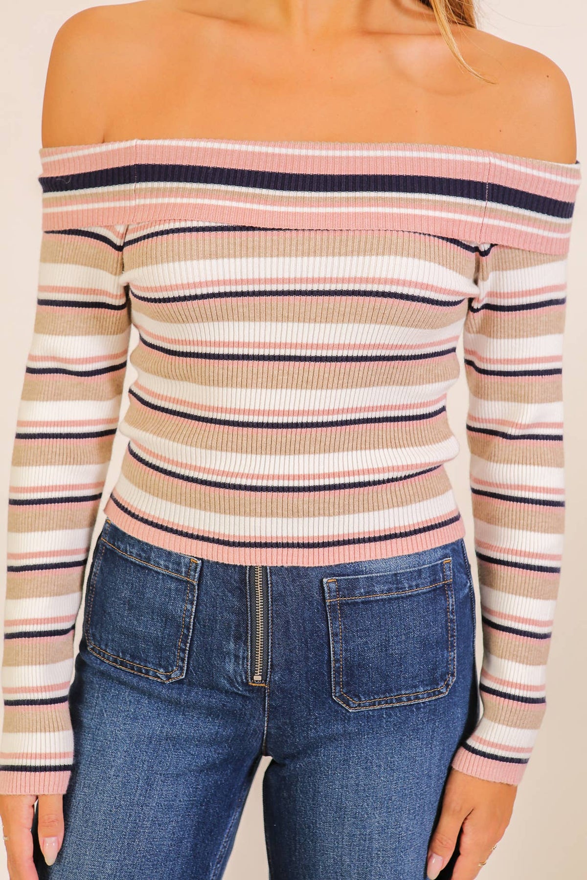 Striped Foldover Off-Shoulder Sweater Top
