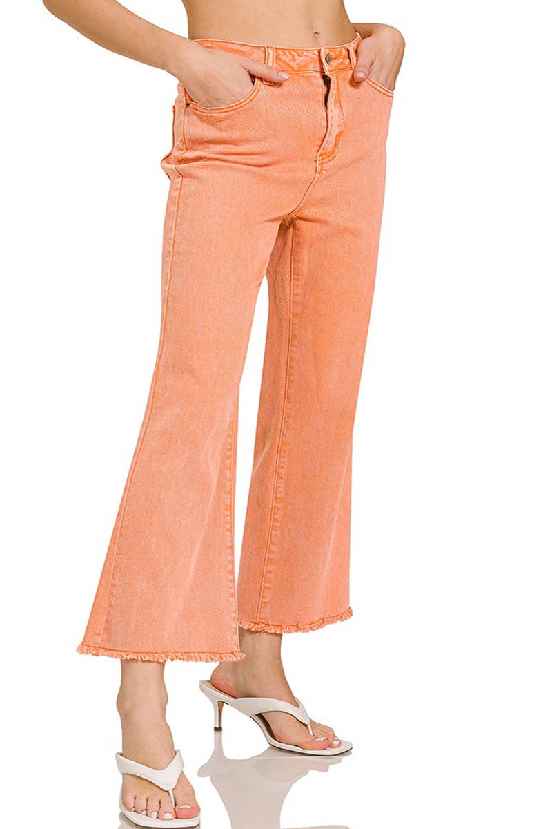 Acid Wash High Waist Frayed Hem Bootcut Pants