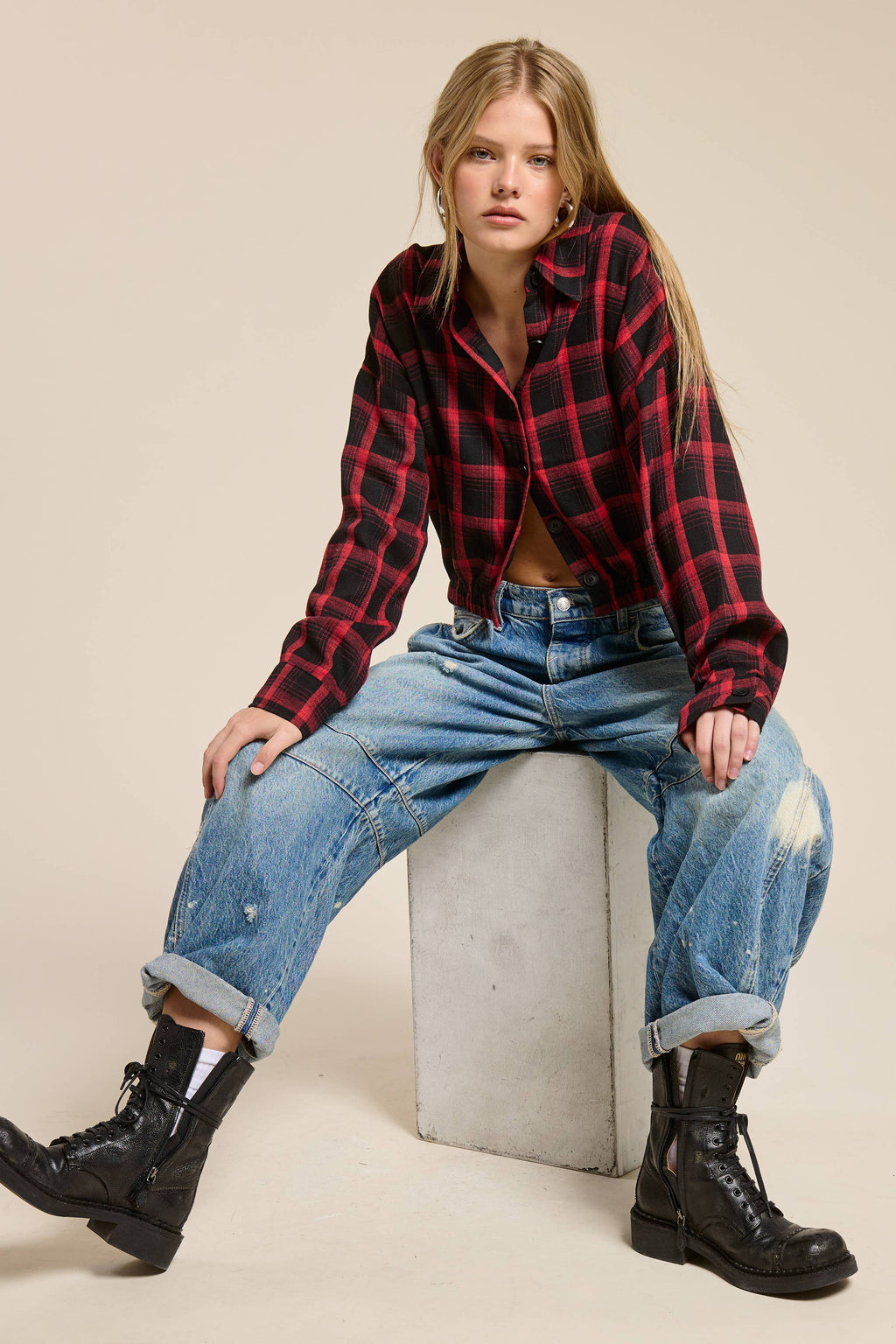 Plaid Button Up Crop Shirt