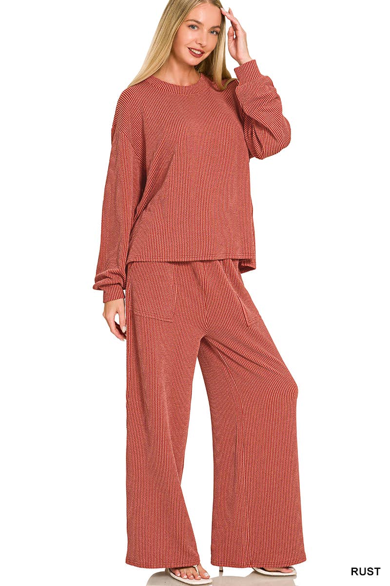 Raised Rib Round Neck Pullover & Pants 2PC Set