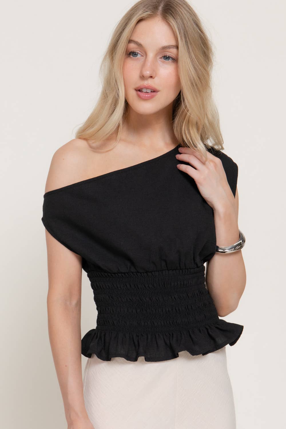 Asymmetrical Off The Shoulder Smocking Linen Effect Top