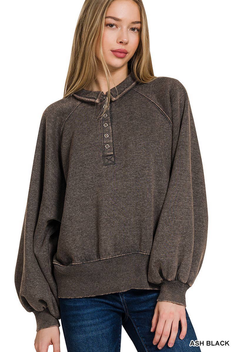 Acid Wash Fleece Button Up Collared Pullover