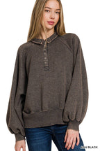Acid Wash Fleece Button Up Collared Pullover