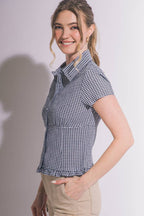 0410 Short Sleeve Collared Ruffled Hem Shirt SI-29702