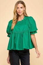CT9094-Ricrac Detailed Swing Style Bubble Sleeve Top