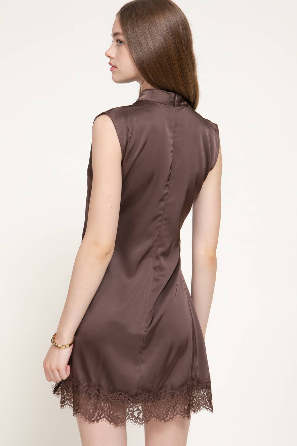 Sleeveless High Neck Satin Mini Dress with Lace Hem Detail