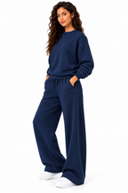 Fleece lined sweat shirt with wide leg loungewear 2 pcs set
