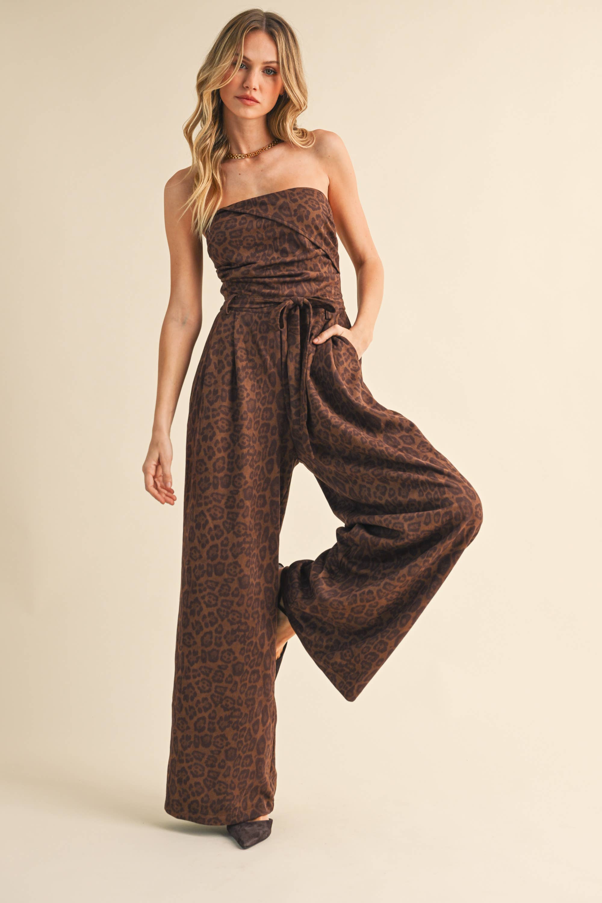 LEOPARD SUEDE STRAPLESS BELTED JUMPSUIT
