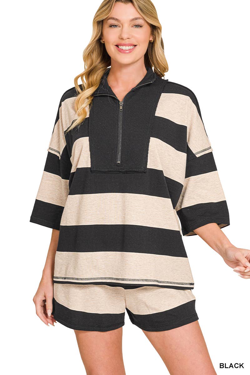 French Terry Striped Half Zip High Neck Top & Shorts Set Zenana