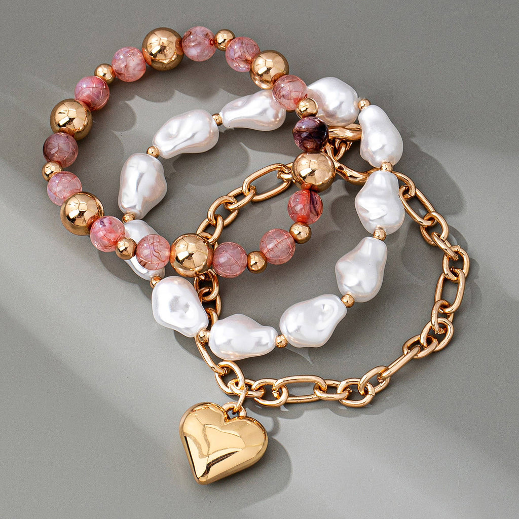 MULTI LAYER MIXED PEARL BEAD HEART CHARM BRACELET | 80B1549