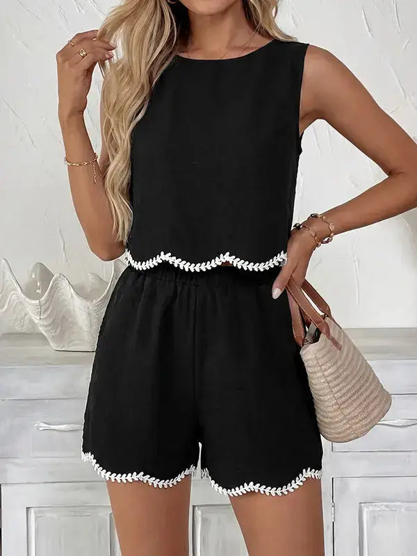 Black Crochet Trim Sleeveless Top and Shorts Summer Set