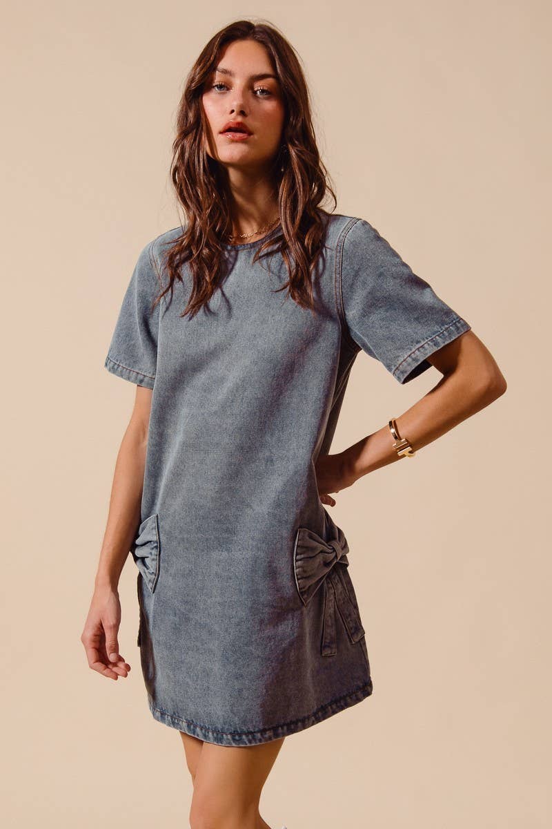 Bow Ribbon Knot Applique Denim Mini Dress
