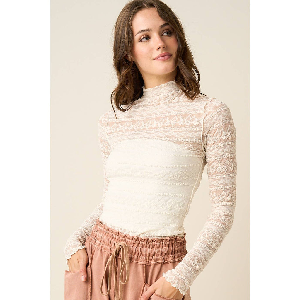 TEXTURED MOCK NECK LACE MESH TOP