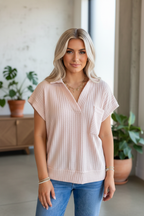 PRETTY BASH Solid Ribbed Knit Collared V-Neck Tee