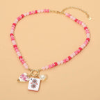 Mahjong Tile Charm Pearl Floral Bead Ball Charm Pendant Beaded Necklace