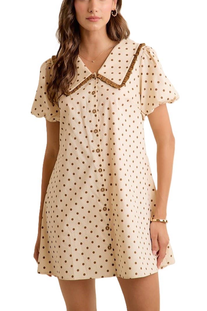 Polka Dot Peter Pan Ruffled Collar Puff Sleeves Dress