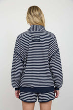 HALF ZIP STRIPE CONTRAST TRIM LONG SLEEVE KNIT TOP