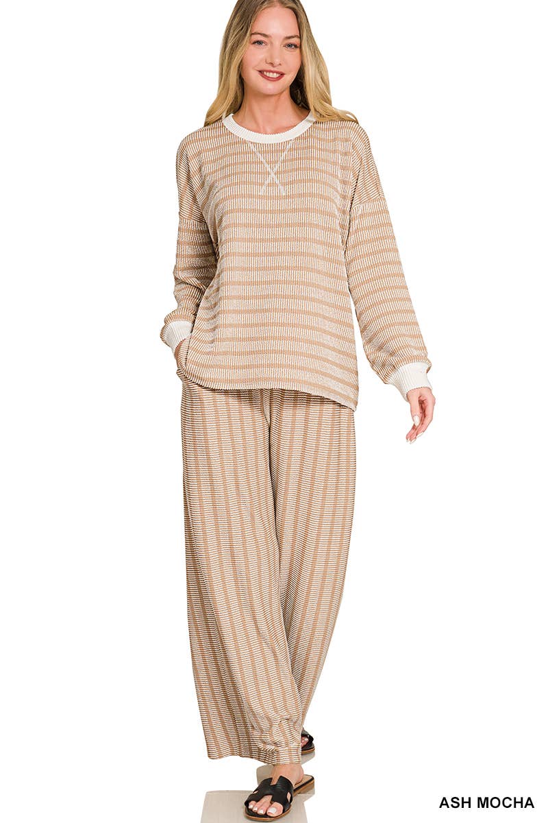 Raised Rib Striped Pullover & Pants 2PC Set