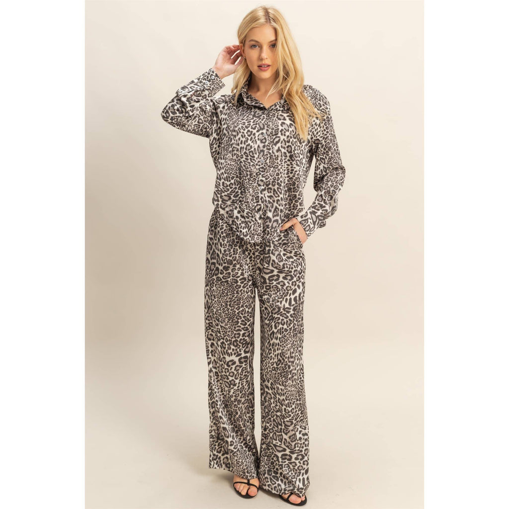 Leopard Print Tie-Waist Shirt And Pants Jumpsuit