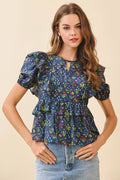 CT9658-Floral Print Front Keyhole Layered Peplum Hem Top