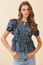 CT9658-Floral Print Front Keyhole Layered Peplum Hem Top