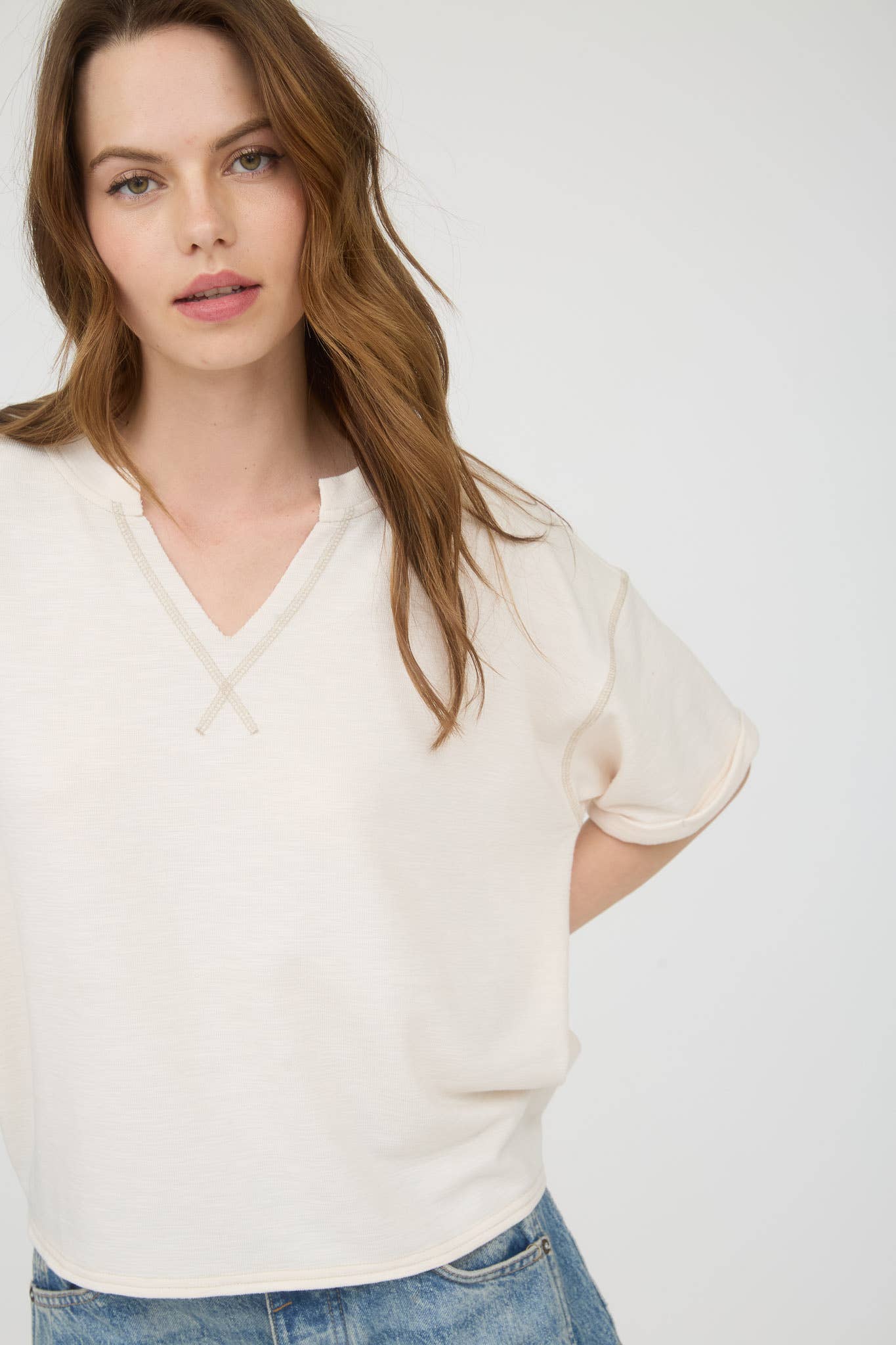 CONTRAST STITCH DROP SHOULDER CUFF SLEEVE KNIT TOP