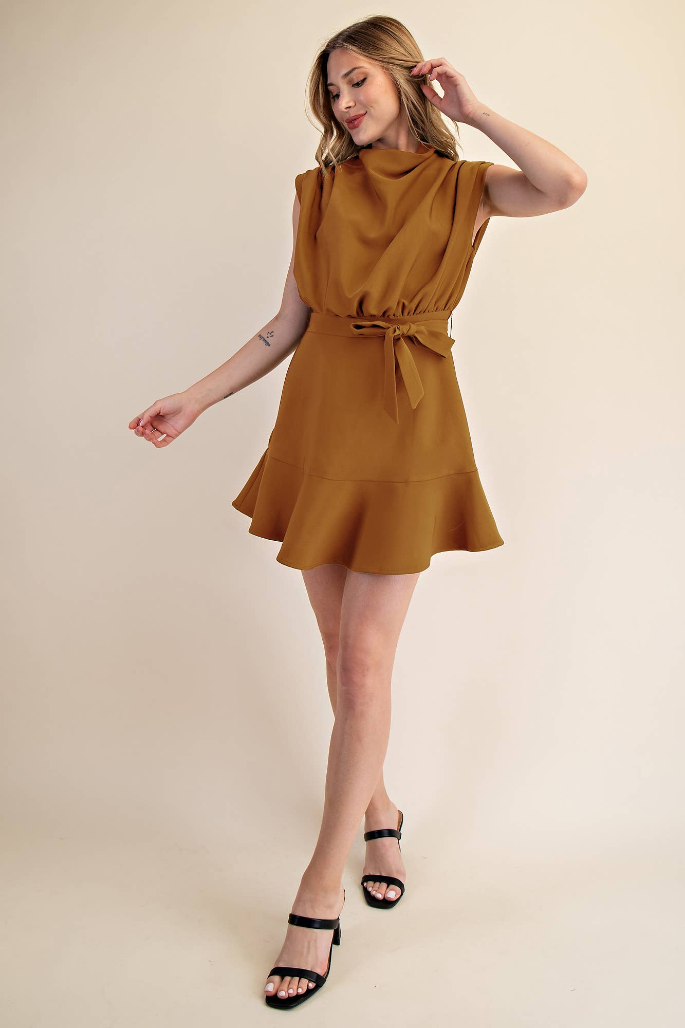 Cowl Neck Sleeveless Waist Tie Mini Dress