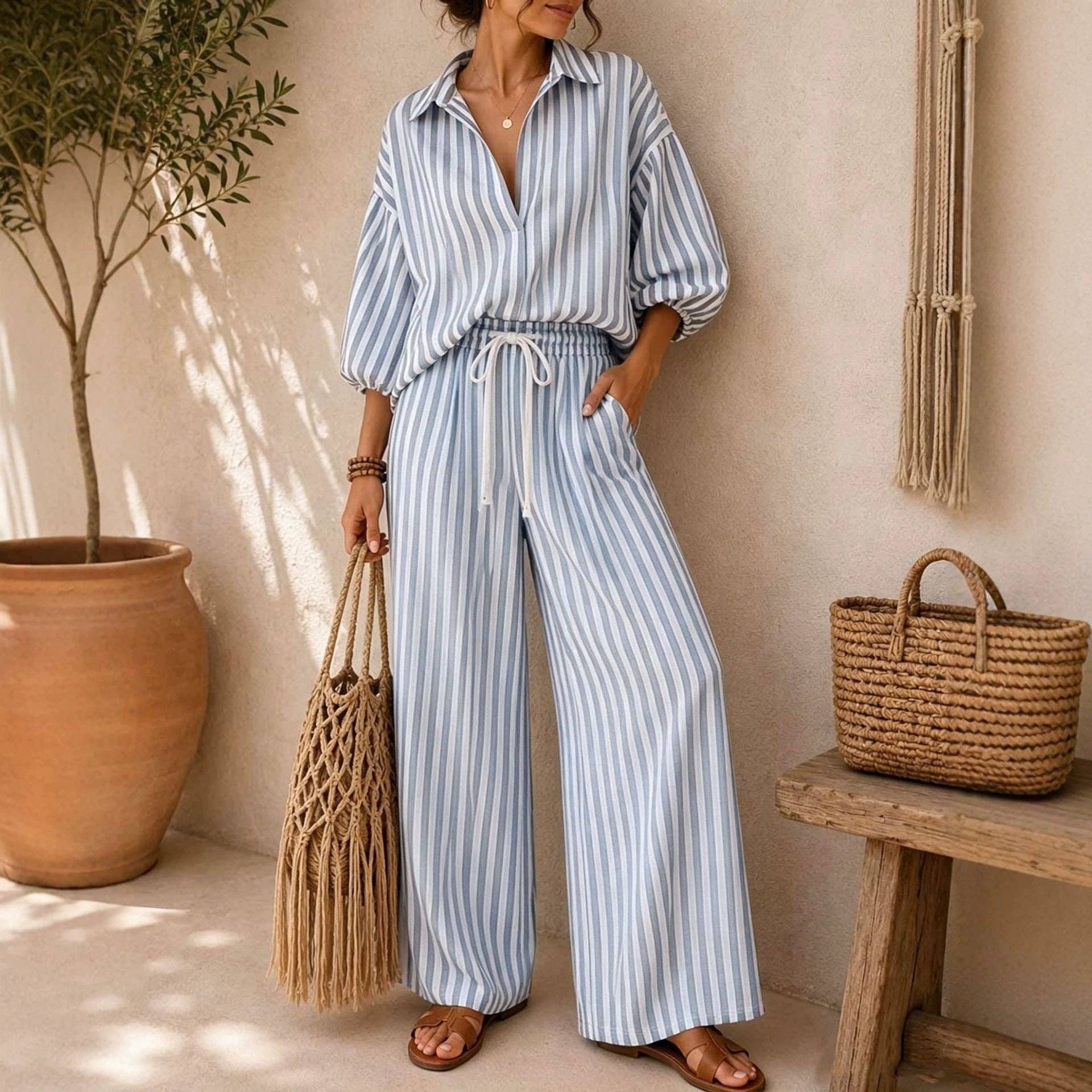 Striped Button Down Shirt & Wide Leg Pants Set
