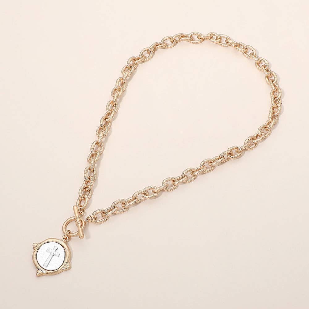 Vintage-Inspired Metal Cross Embossed Medallion Pendant Toggle Necklace