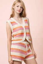 Multi Color Stripe Knit Sweater Top N Shorts Set