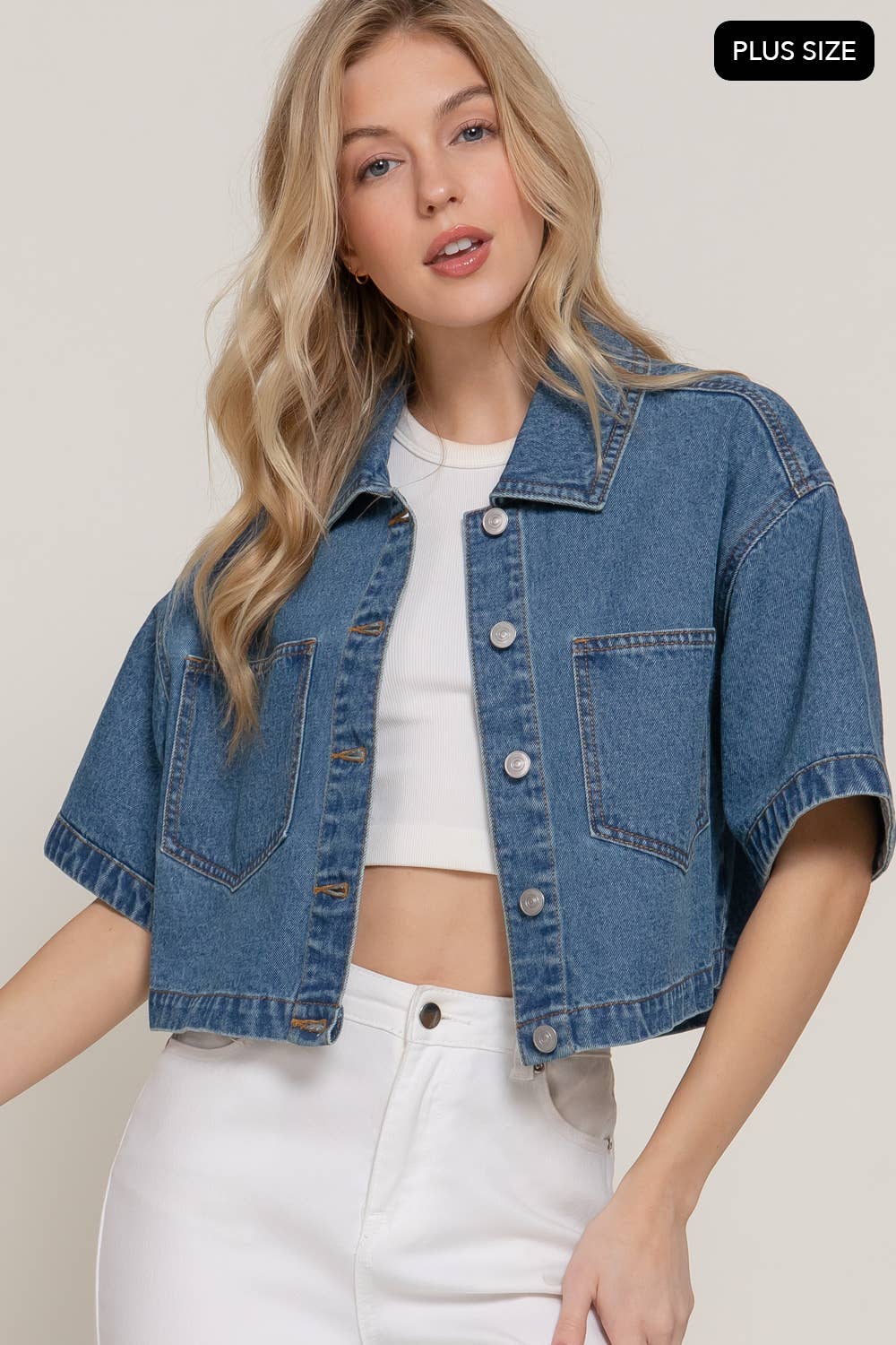 [PLUS SIZE] Short Sleeve Boxy Short Denim Jacket