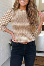 LAS-LIVE Plaid Smocked Bubble Sleeve Casual Blouse (S-XL)