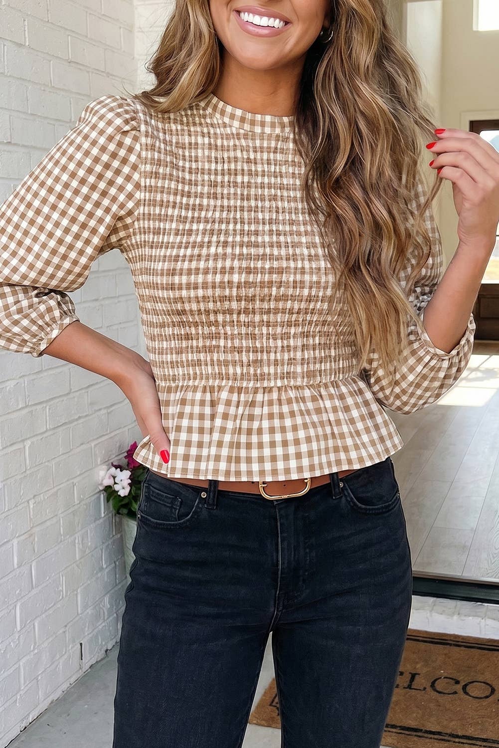 LAS-LIVE Plaid Smocked Bubble Sleeve Casual Blouse (S-XL)