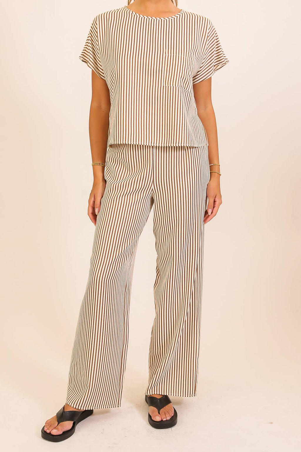 Striped Textured Top & Wide Leg Pant Set