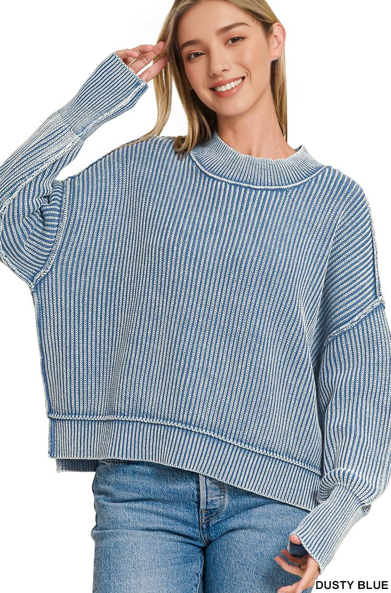 `Washed Side Slit Oversized Cropped Sweater SI-26510 Zenana