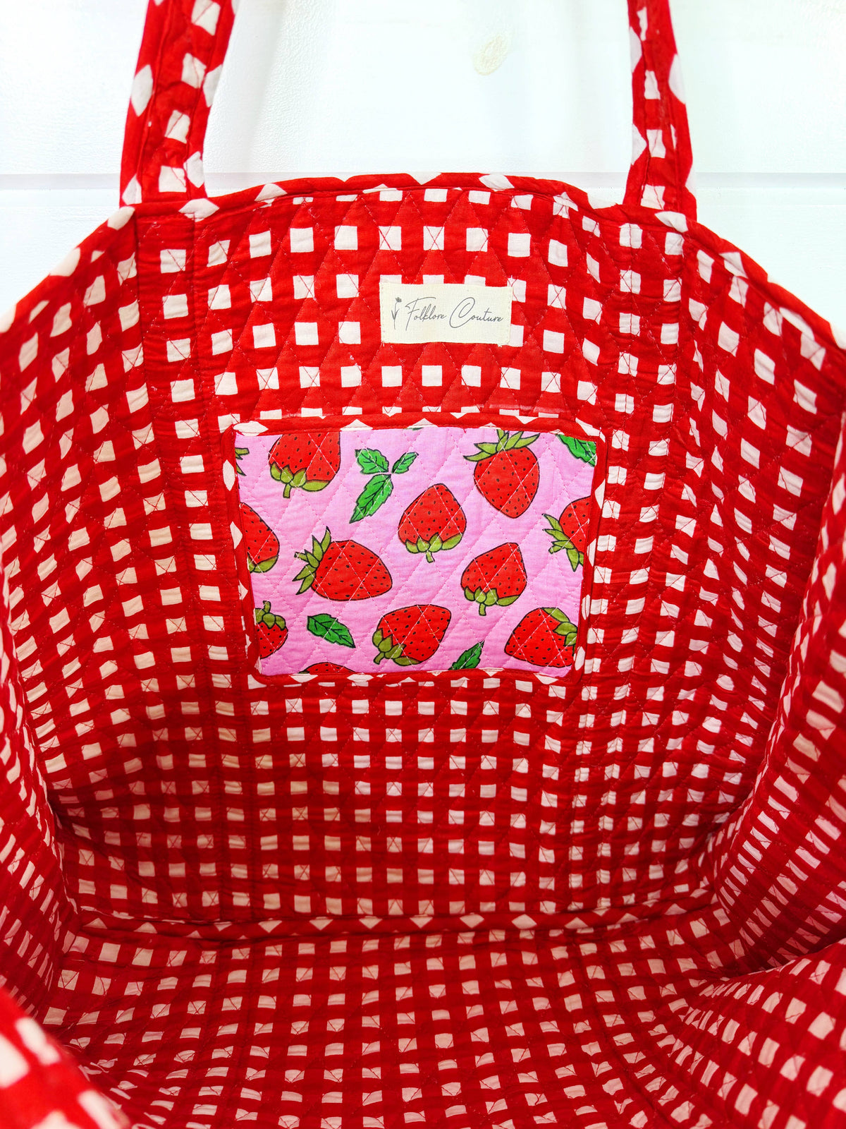 Quilted Tote Bag | Pink Strawberry Bag | Large Shopping Tote