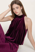 Halter Neck Shirred Hem with Inner Elastic Velvet Top