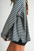 8645IN Mock Neck Yarn-Dyed Striped Oversized Long Sleeve Tee