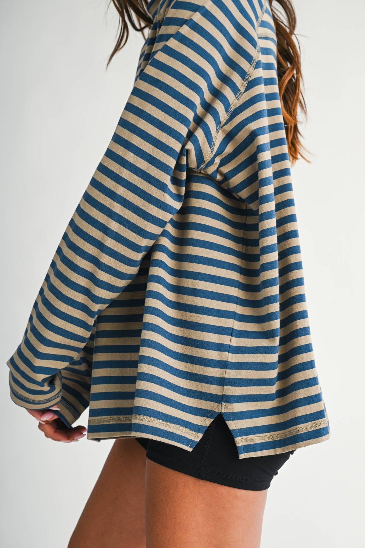 8645IN Mock Neck Yarn-Dyed Striped Oversized Long Sleeve Tee