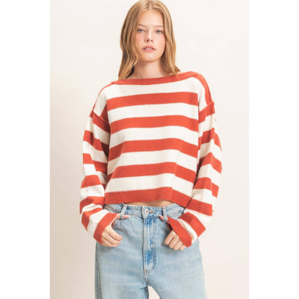 Striped Boat Neck Knit Sweater