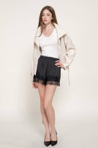 Waistband Lace Trim Hem Satin Shorts