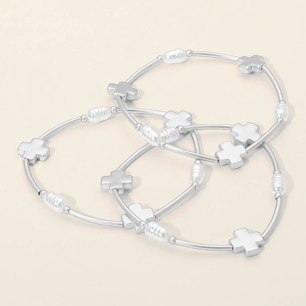 3PCS - Cross Charm Pearl Beaded Stretch Multi Layered Bracelets