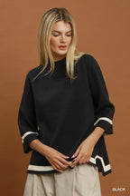 Contrast Trim Mock Neck 3/4 Sleeve Knit Top