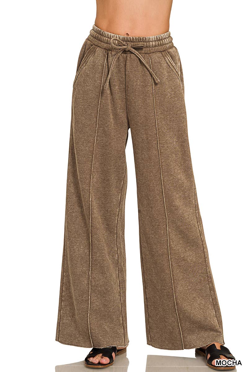 Acid Washed Fleece Pintuck Wide Leg Pants w/ Pockets