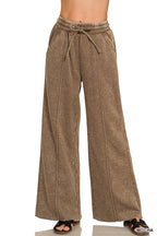Acid Washed Fleece Pintuck Wide Leg Pants w/ Pockets